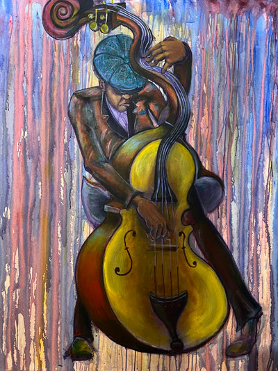 Bending The bass. The first installment of the series of painting from Robert Lee Hayes III. This painting is 5 feet by 6 feet acrylic on canvas.